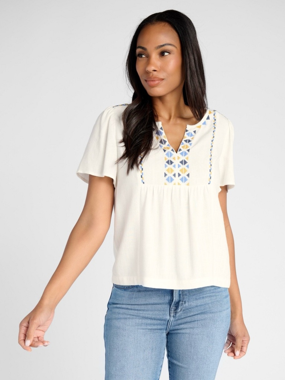 NWT Skies Are Blue Linen Blend Embroidered Short Flutter Sleeve Top